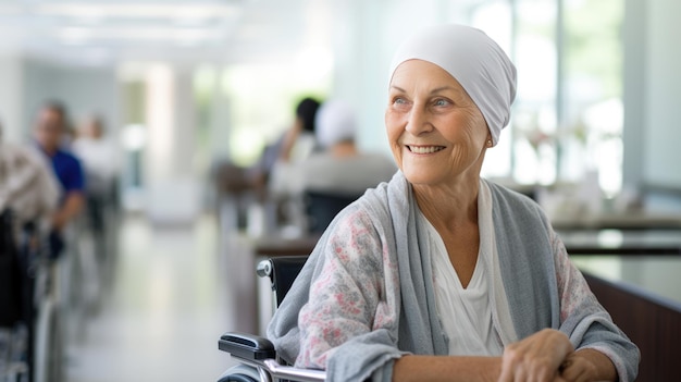 Foto eine krebskranke frau mittleren alters mit kopftuch sitzt im rollstuhl in einem krankenhaus. erstellt mit generativer ki-technologie