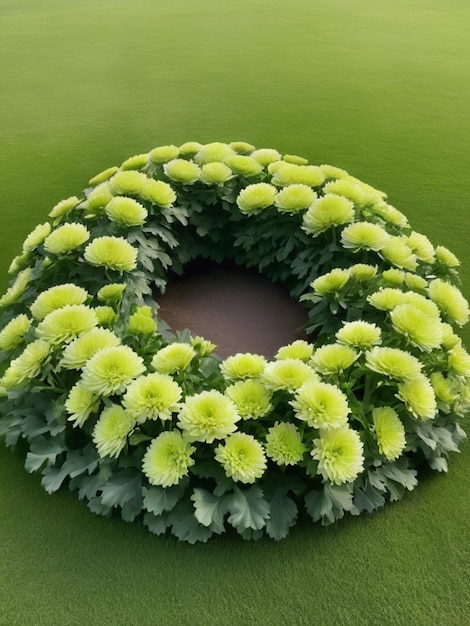 Eine kreisförmige Anordnung grüner Chrysanthemen vor einem üppigen Grasgrund