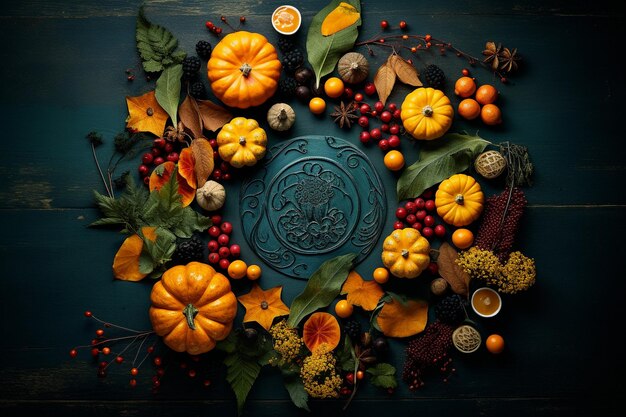 eine kreisförmige Anordnung von bunten Herbstblättern, Kürbissen, Gewürzen und Beeren