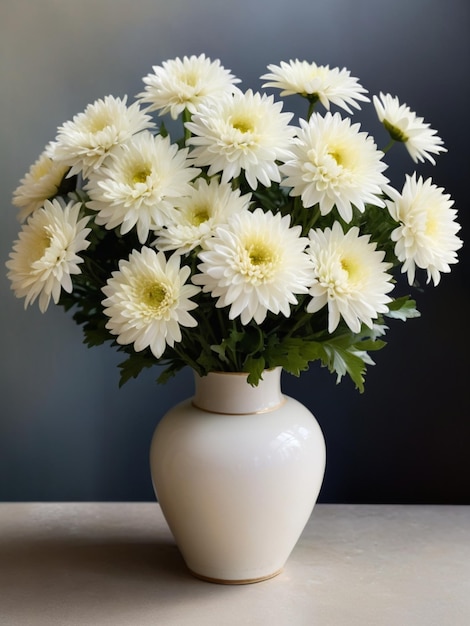 Eine kreisförmige Anordnung von weißen Chrysanthemen in einer Vintage-Vase