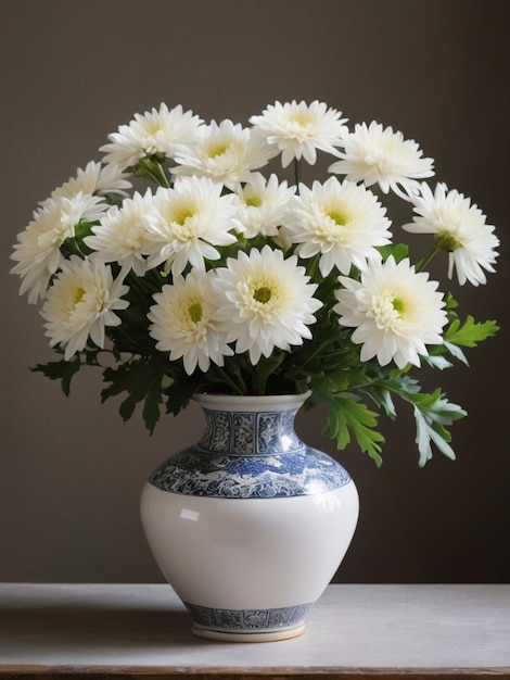 Eine kreisförmige Anordnung von weißen Chrysanthemen in einer Vintage-Vase