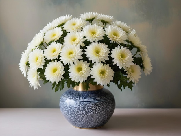 Eine kreisförmige Anordnung von weißen Chrysanthemen in einer Vintage-Vase
