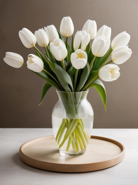 Eine kreisförmige Anordnung von weißen Tulpen in einer Vintage-Vase