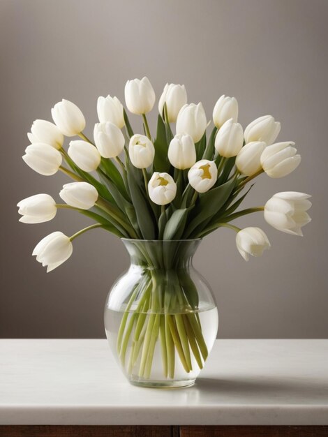 Eine kreisförmige Anordnung von weißen Tulpen in einer Vintage-Vase