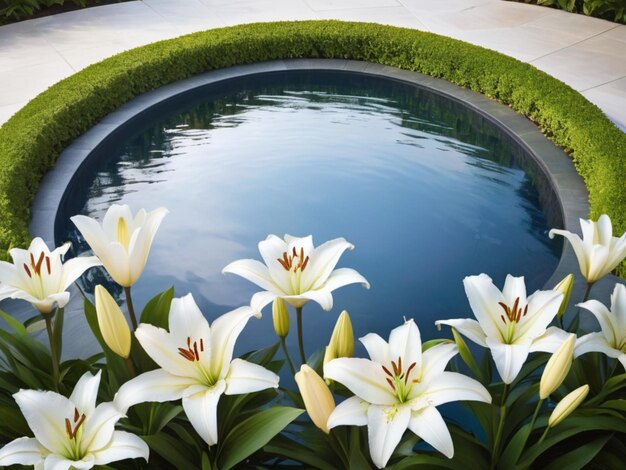 Eine kreisförmige Anordnung weißer Lilien um ein reflektierendes Becken herum