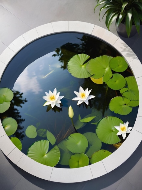 Eine kreisförmige Anordnung weißer Lilien um ein reflektierendes Becken herum