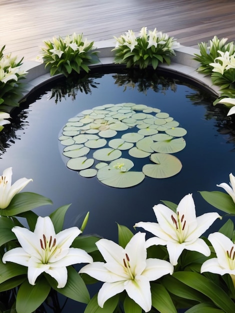 Eine kreisförmige Anordnung weißer Lilien um ein reflektierendes Becken herum