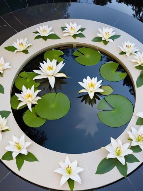 Eine kreisförmige Anordnung weißer Lilien um ein reflektierendes Becken herum