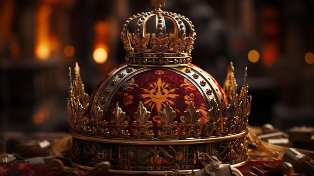 Foto eine krone sitzt auf einem großen goldenen möbelstück.