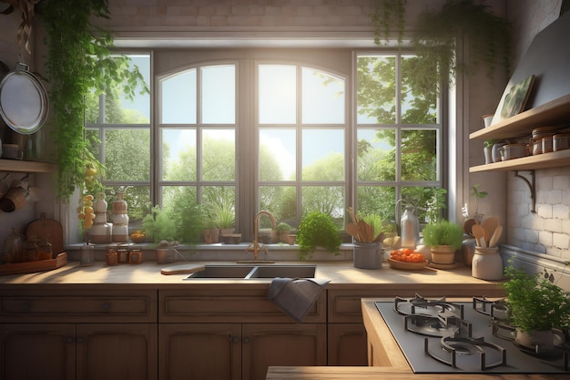 Eine Küche mit einem Fenster, auf dem Pflanzen stehen
