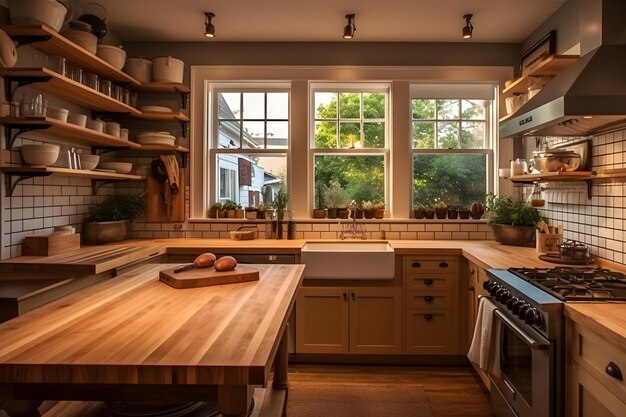 Eine Küche mit einem großen Fenster, auf dem steht: "Die Küche ist offen".