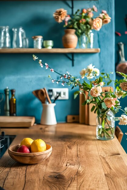 Foto eine küche mit einem holztisch und einer fruchtschüssel