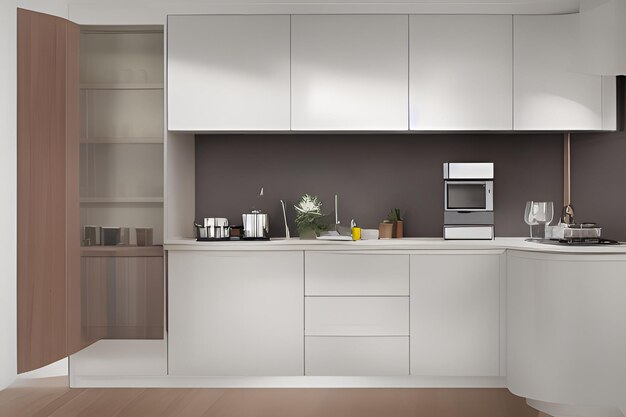 Eine Küche mit einem weißen und grauen Farbschema.
