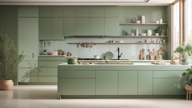 eine Küche mit einer grünen Küche mit einem weißen Zettel und grünen Schränken