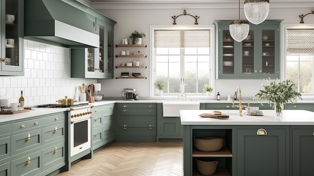 Eine Küche mit einer grünen Küche und einer weißen Spüle