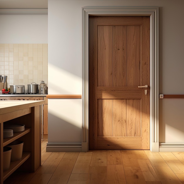 eine Küche mit einer Holztür, auf der "Küche" steht.