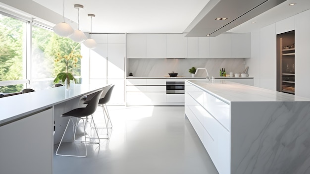 Eine Küche mit einer weißen Insel und einer weißen Arbeitsplatte mit schwarzen Stühlen.