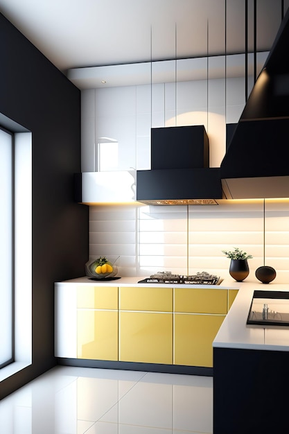 eine Küche mit gelben Fliesen und eine schwarze Arbeitsplatte mit einer gelben Flippe, auf der Küche steht.