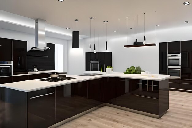 Eine Küche mit schwarzen und weißen Schränken und einer schwarzen Arbeitsplatte mit
