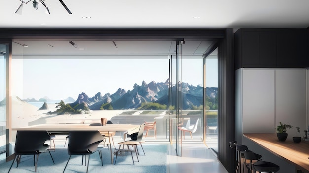 Eine Küche mit Tisch und Stühlen und einem großen Fenster mit Blick auf die Berge im Hintergrund.
