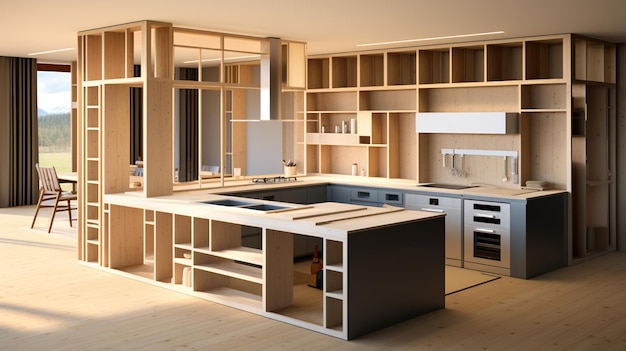 Eine Küche verwandelt einen bemerkenswerten Bau oder eine Renovierung und Modernisierung in ein neues Zuhause mit generativer KI
