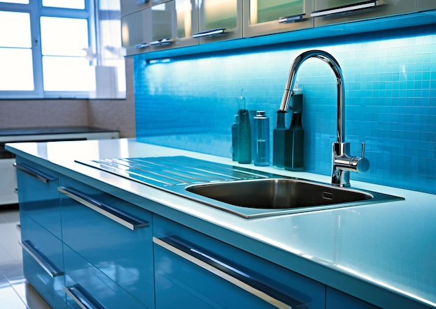 Eine Küchenspüle mit einer Arbeitsplatte aus Glas in Blau