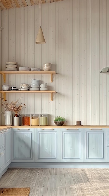 Eine Küchenwand mit hellblauen Schränken und einem weißen vertikalen Panelschelf für das Anzeigen von Geschirr
