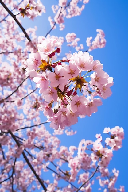 Eine künstlerische Aufnahme von Kirschblüten aus einem niedrigen Winkel mit einem klaren blauen Himmel als Hintergrund