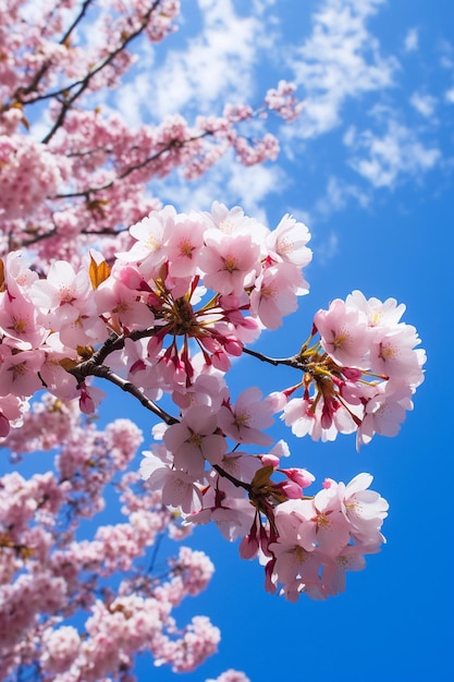 Eine künstlerische Aufnahme von Kirschblüten aus einem niedrigen Winkel mit einem klaren blauen Himmel als Hintergrund