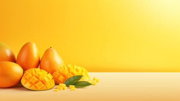 Foto eine künstlerische komposition, die eine vielzahl von frischen mango-schnitten auf einem lebendigen hintergrund zeigt