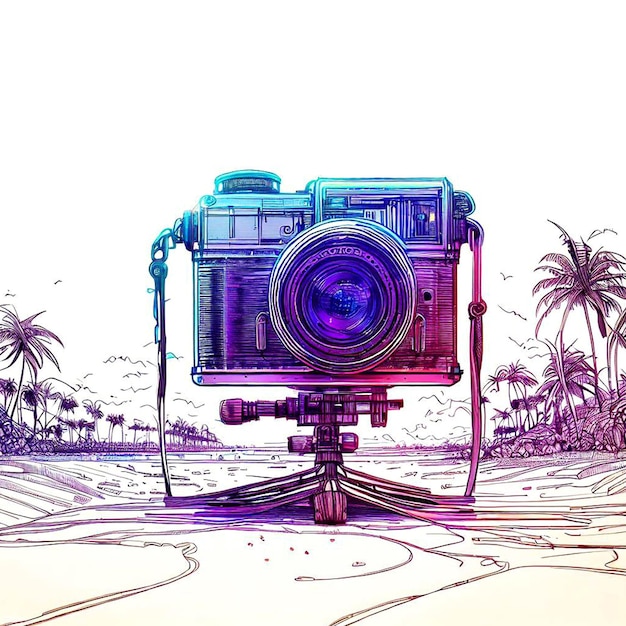 eine künstlerische Zeichnung einer Kamera am Strand