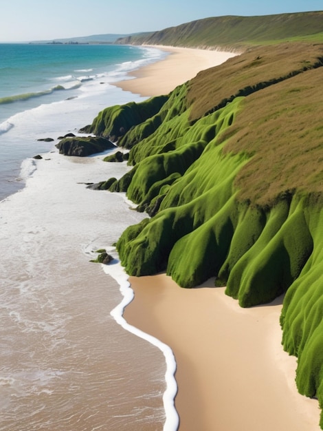 Eine Küstenlandschaft mit grünen Algen, die eine Grenze entlang des Sandstrandes bilden