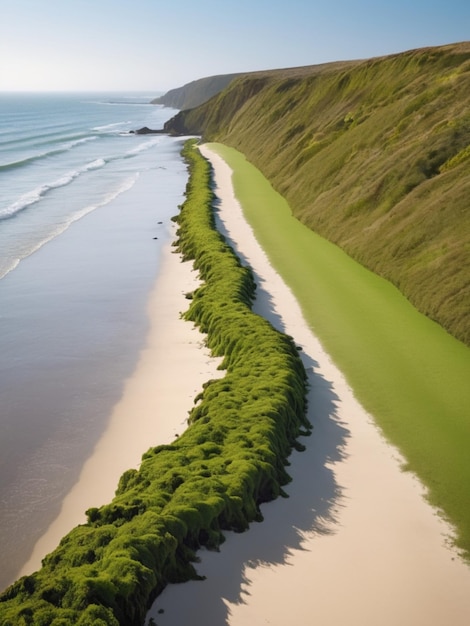 Eine Küstenlandschaft mit grünen Algen, die eine Grenze entlang des Sandstrandes bilden