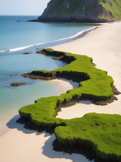 Eine Küstenlandschaft mit grünen Algen, die eine Grenze entlang des Sandstrandes bilden