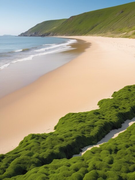 Eine Küstenlandschaft mit grünen Algen, die eine Grenze entlang des Sandstrandes bilden