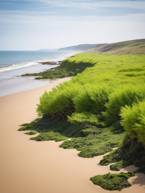Eine Küstenlandschaft mit grünen Algen, die eine Grenze entlang des Sandstrandes bilden