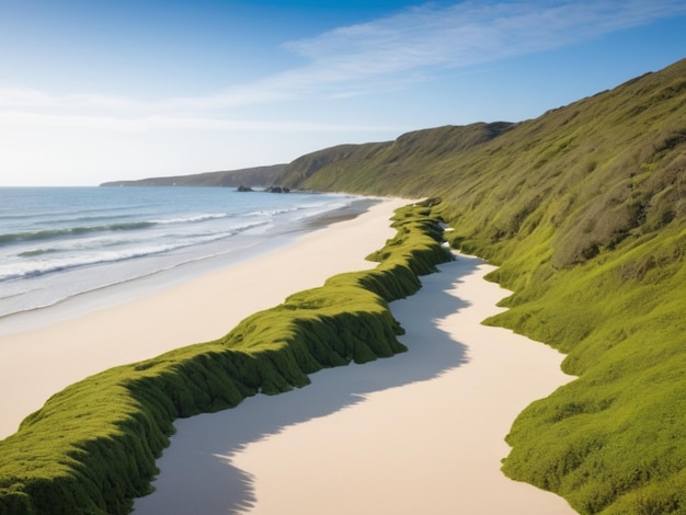 Eine Küstenlandschaft mit grünen Algen, die eine Grenze entlang des Sandstrandes bilden