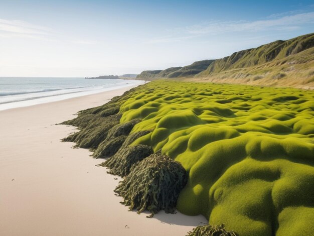 Eine Küstenlandschaft mit grünen Algen, die eine Grenze entlang des Sandstrandes bilden