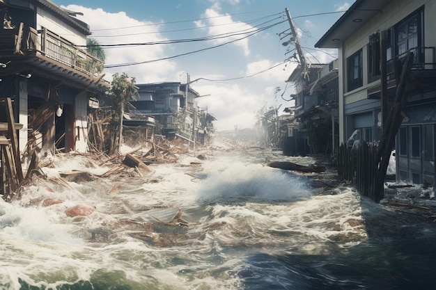 Eine Küstenstadt nach einem Taifun Generative ai