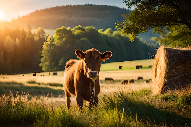 Eine Kuh auf einem Feld mit Heuballen im Hintergrund