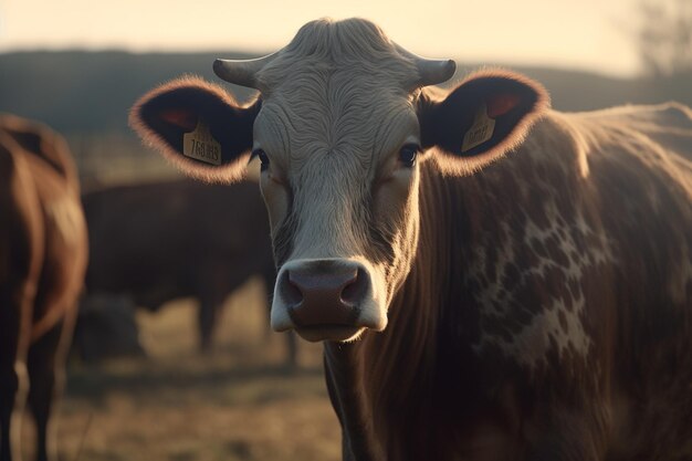 Eine Kuh auf einem Feld mit verschwommenem Hintergrund