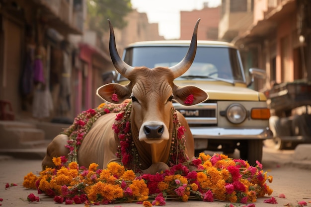 eine Kuh, die auf dem Boden liegt, umgeben von Blumen