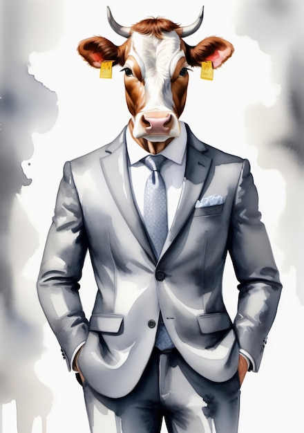 Eine Kuh in Anzug und Krawatte steht neben einem Mann