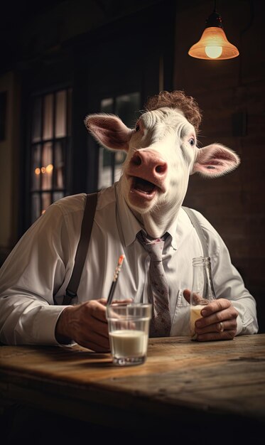 eine Kuh mit einem Kuhkopf und einem Glas Milch