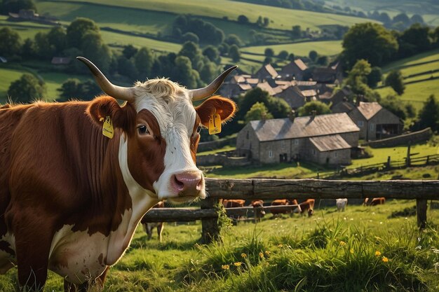 Foto eine kuh mit einem tag im ohr steht in einem feld