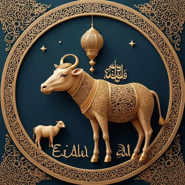 Foto eine kuh mit einer glocke darauf und dem wort arabisch auf der vorderseite