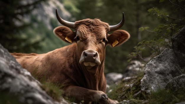 Eine Kuh mit einer Marke am Ohr liegt auf einem felsigen Hügel.