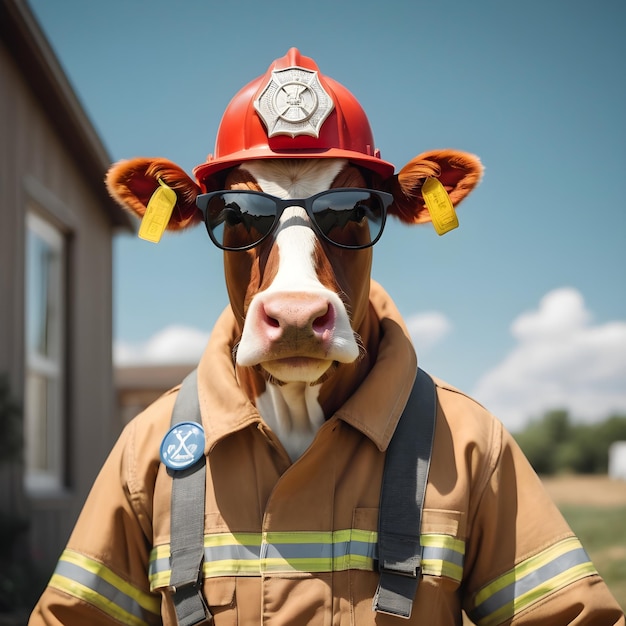 Foto eine kuh mit sonnenbrille, gekleidet wie ein feuerwehrmann, mit häusern im hintergrund