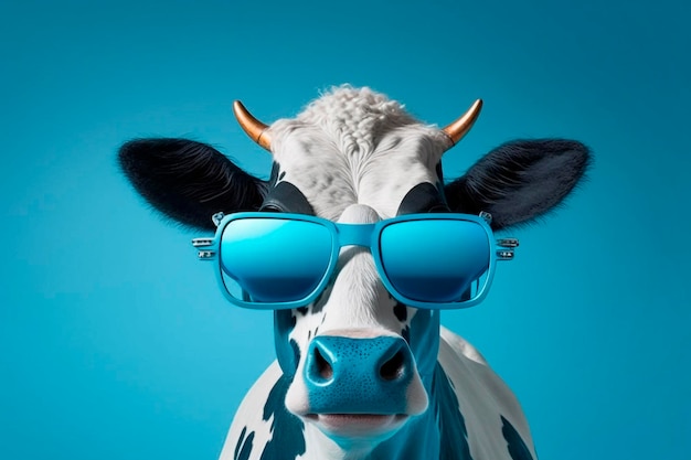 Eine Kuh mit Sonnenbrille und eine blau-weiße Kuh mit Sonnenbrille.