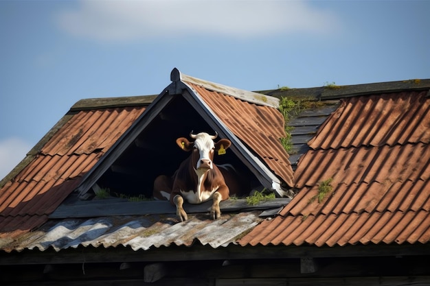 Foto eine kuh steht auf einem dach und schaut aus dem fenster.